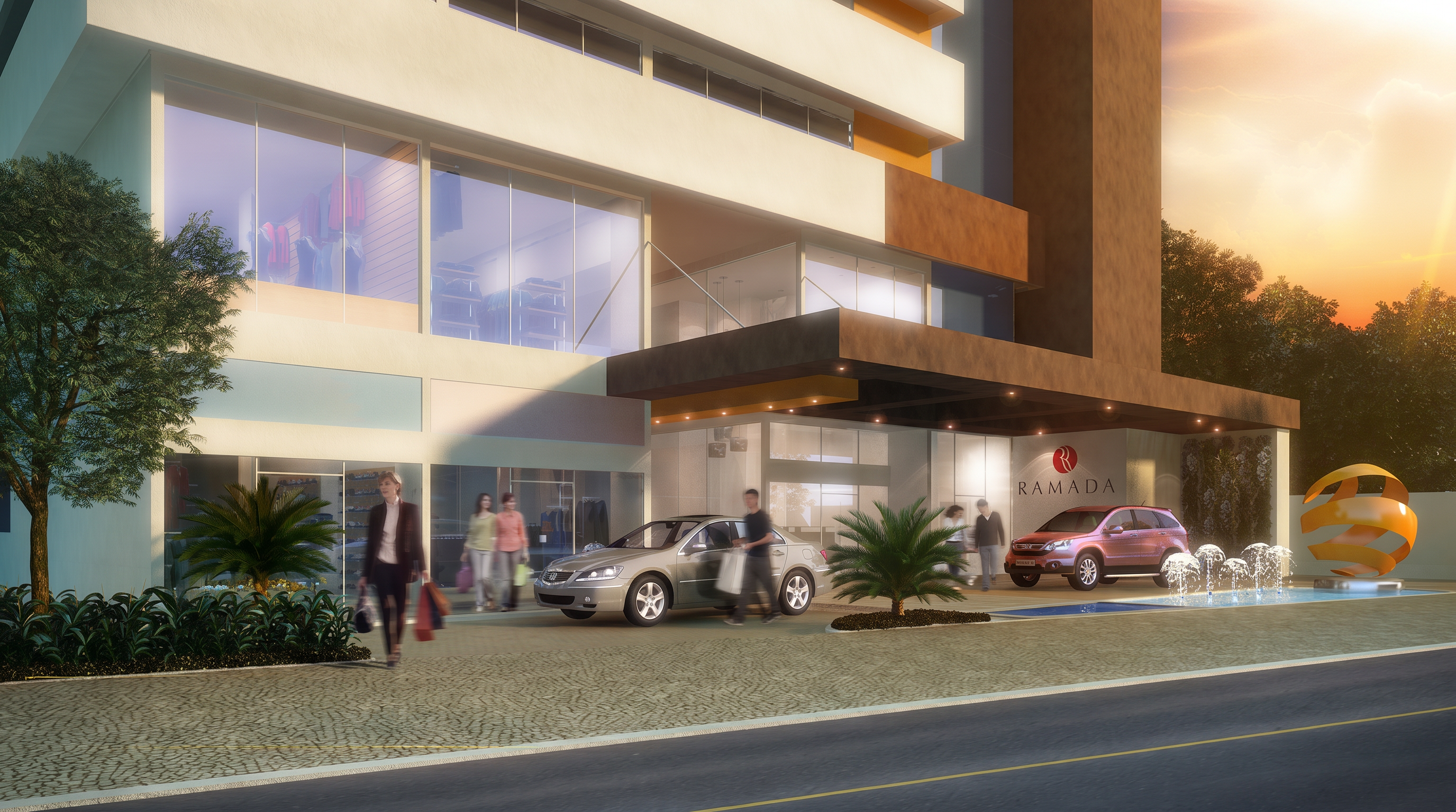 Entrada e pórtico do Hotel Ramada Encore Botucatu com sinalização