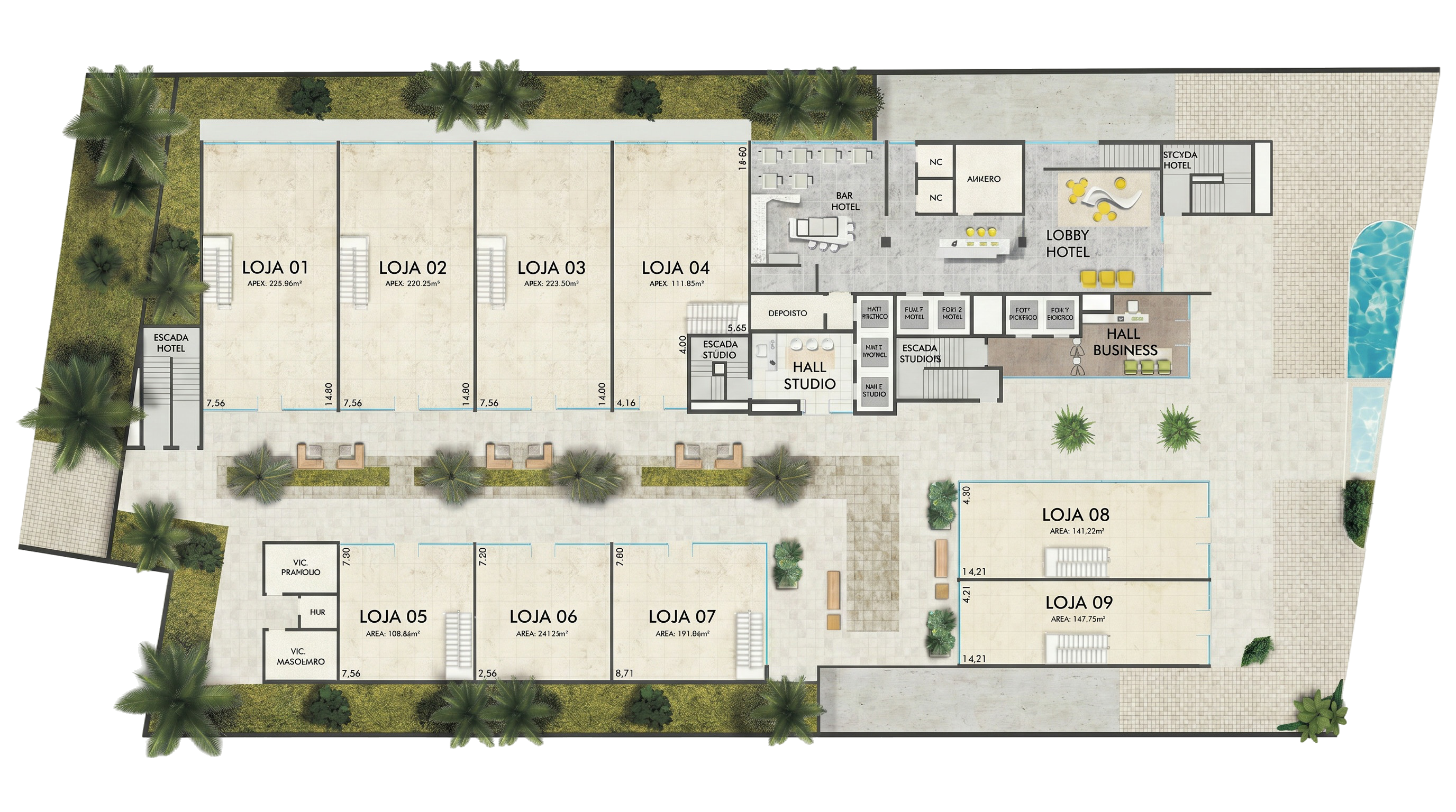 Implantação completa do pavimento térreo do Polo Cosmopolitan Vital Brasil — 9 lojas comerciais (58–222m²), Lobby do Hotel Ramada, Hall Studio, Hall Business, área de lazer com piscina e paisagismo integrado