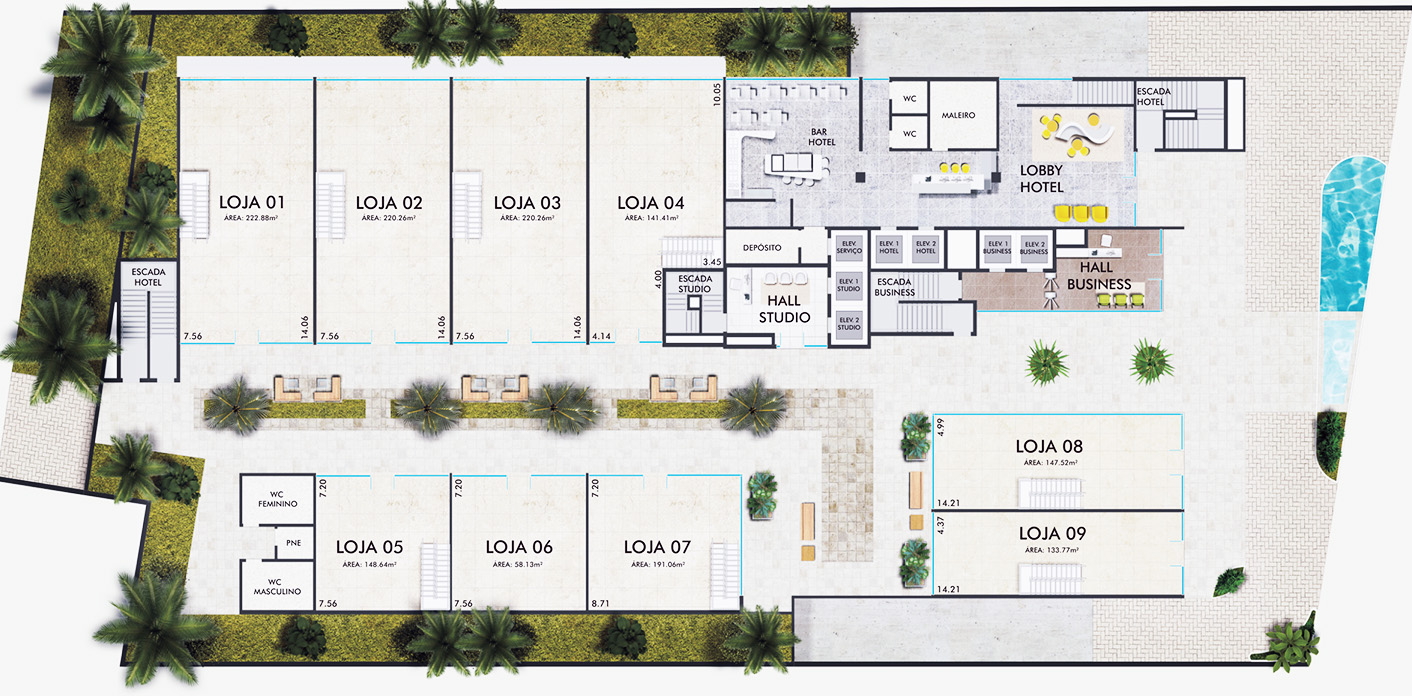 Planta de implantação do pavimento térreo do Polo Cosmopolitan Vital Brasil — Lojas 01 a 09, Lobby e Bar do Hotel, Hall Studio, Hall Business, depósito, escadas e elevadores por torre, área de lazer com piscina e paisagismo