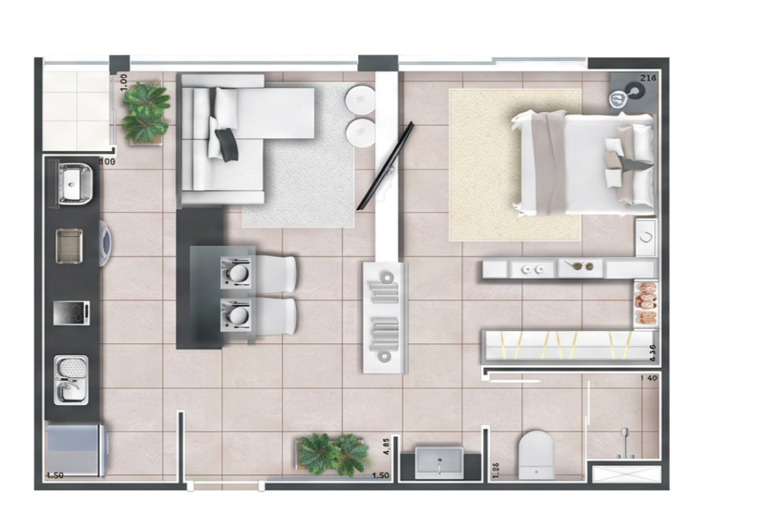 Planta do Studio 47,20 m² — sala integrada, cozinha, dormitório e banheiro
