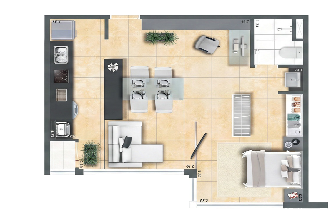 Planta do Studio 54 m² — living ampliado, cozinha gourmet, dormitório e banheiro